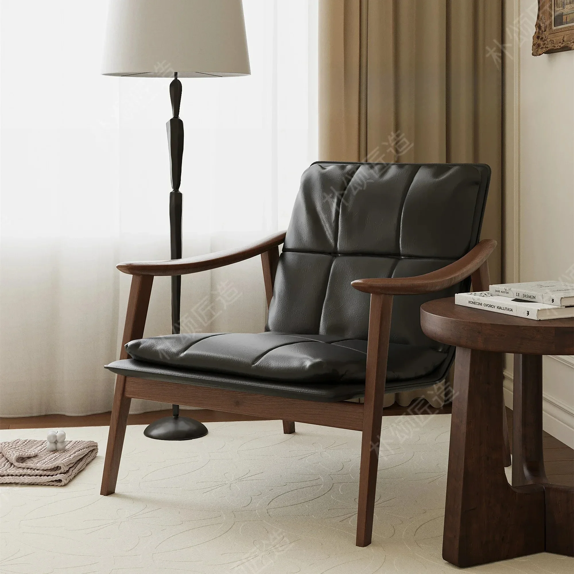 A Nordic style leisure chair Nordic single chair Living room single sofa Solid wood ecological leather armchair Back chair