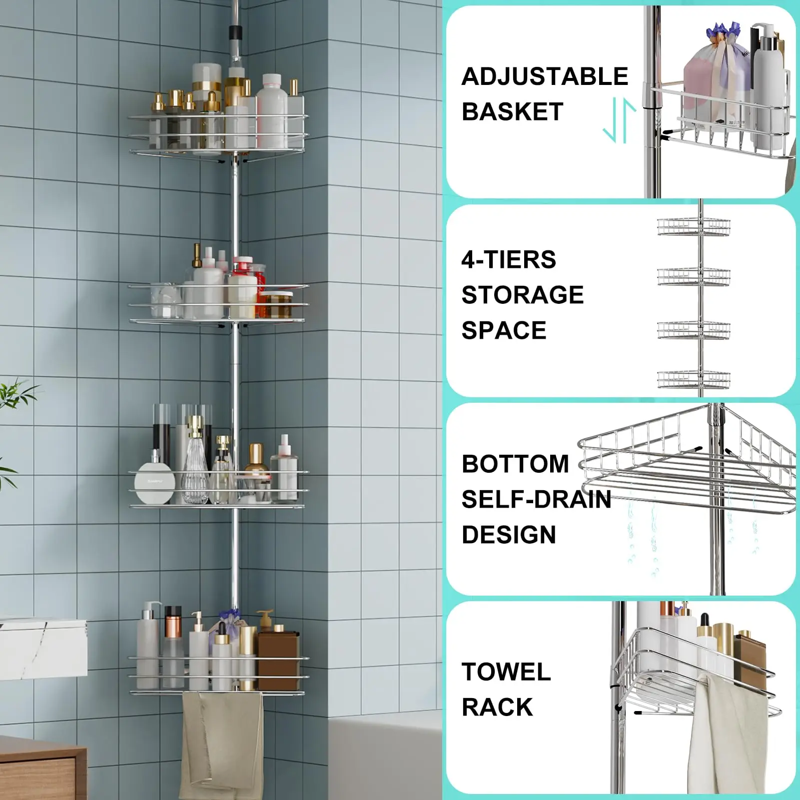 Corner Shower Caddy Tension Pole, 4-Tier Rustproof Bathroom Organizer with Built-In Towel Bars, 75-110 Inch Adjustable Height Shower Storage Shelves for Shampoo & Body Wash