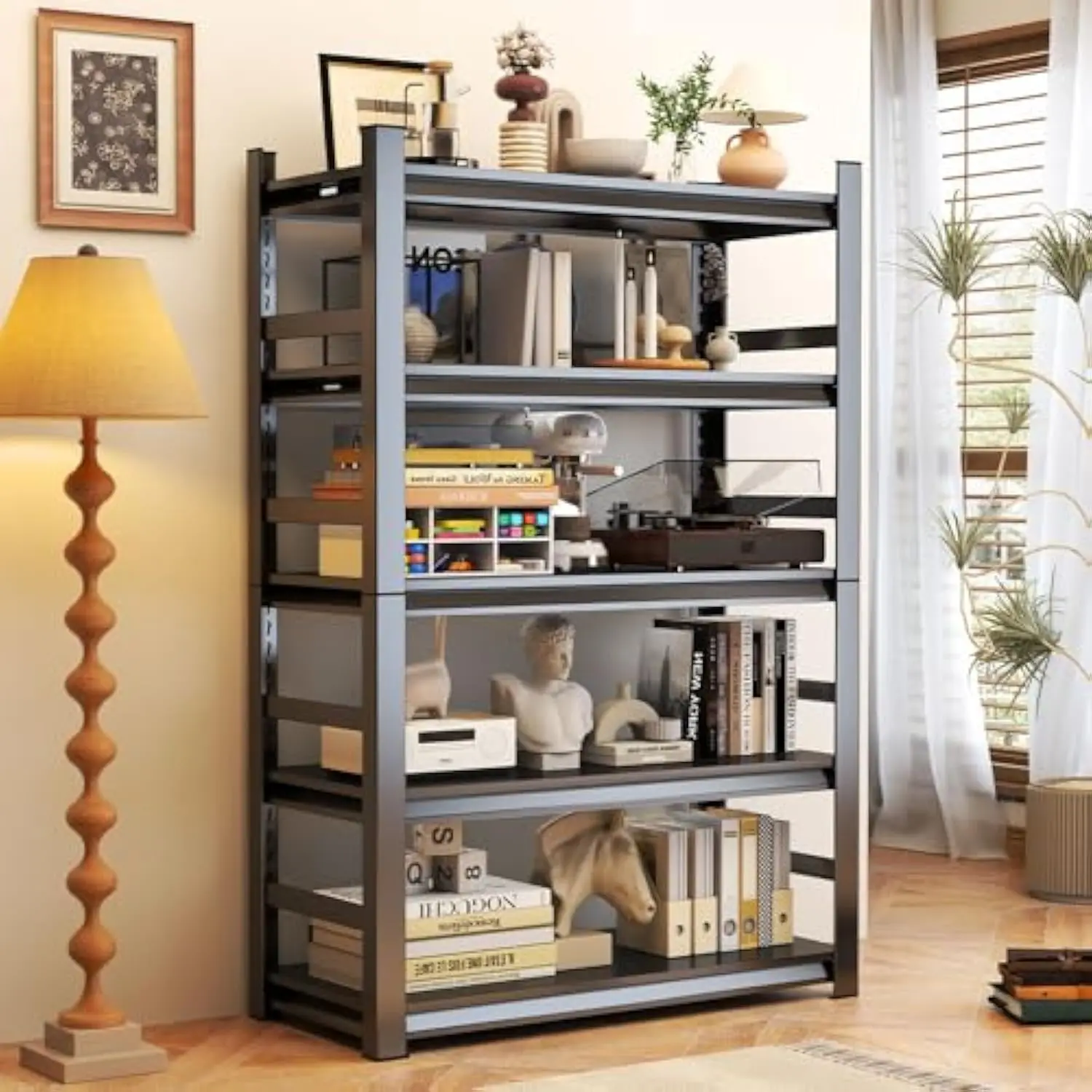 

Bookshelf,5 Tier Heavy Duty Bookcase, Black Metal Bookshelf,Tall Bookshelf, Adjustable Bookshelf for Living Room, Bedroom and H