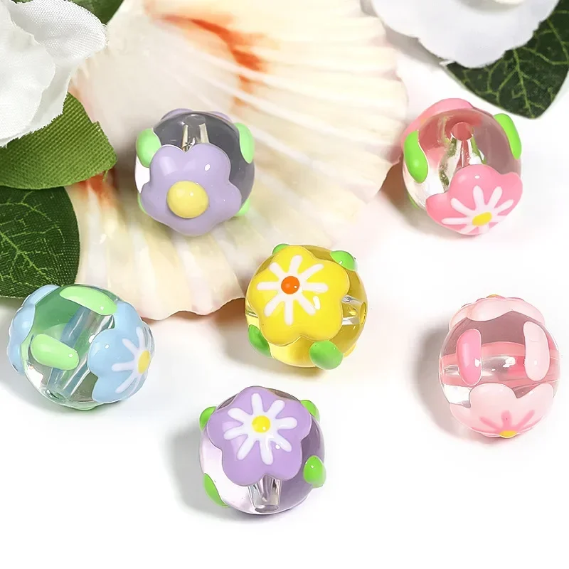 Transparent Hand-painted Flower Round Loose Beads, DIY Handmade Pen, Mobile Phone Chain, Jewelry Accessories, 18mm