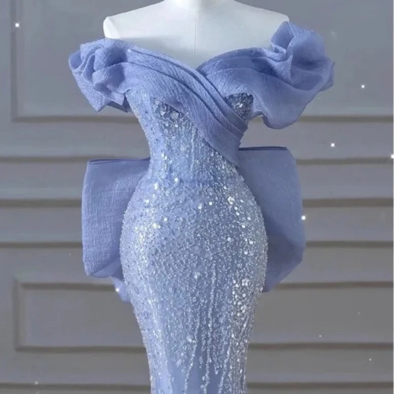 Vestido alto feminino fora do ombro azul vestido de noite luz luxo nicho sereia lantejoulas anfitrião elegante festa