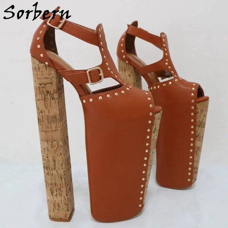 Sorbern 26cm Women Sandals Block High Heel Cork Wrappe Open Toe Thick Platform Fetish Drag Queen Shoes Display Show Shoes