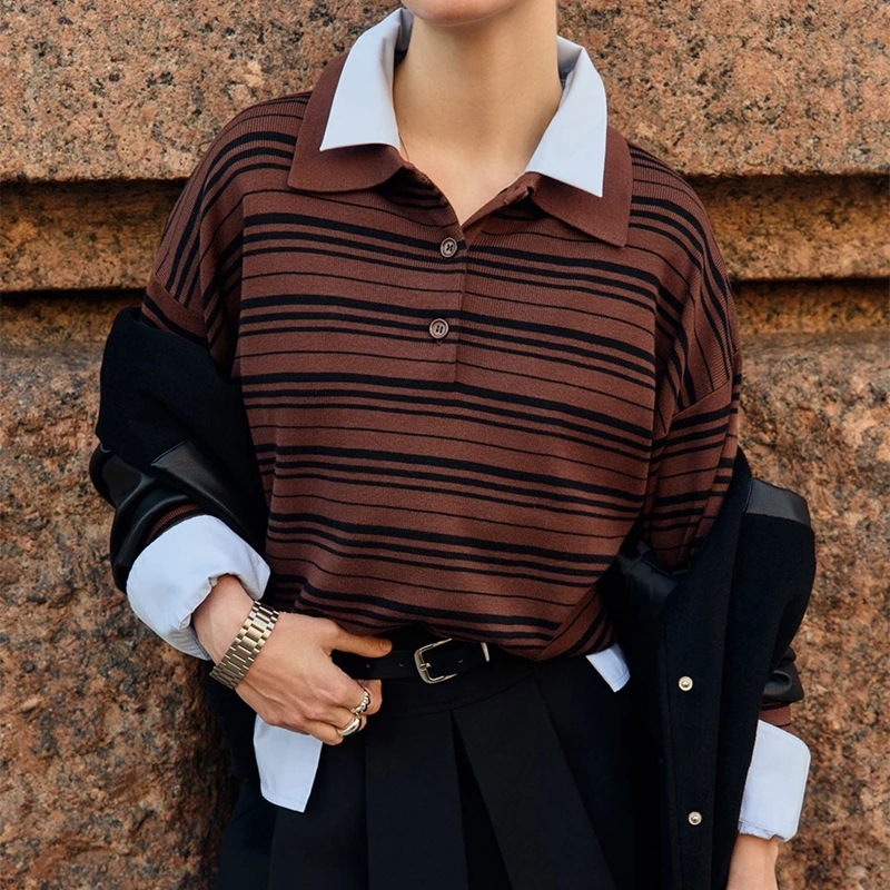 

Combhasaki женские винтажные y2k полосатые контрастные цвета вязаные пуловеры с длинным рукавом на пуговицах с отложным воротником свободные трикотажные джемперы