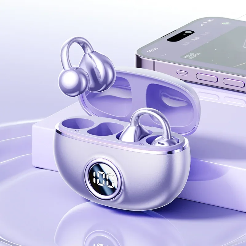 Sport Headset Headphone TWS Wireless Bone Conduction HIFI Bluetooth 5.4 Earbuds Clip On Ear With Mic Digital Display Waterproof