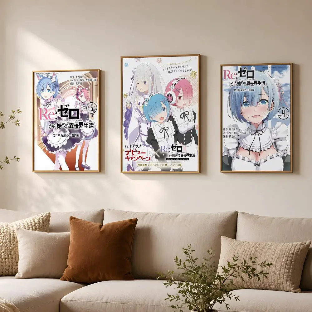 Anime Re Zero Kawaii Poster Vintage Self Adhesive PP Wall Art for Living Room Bar Bedroom Home Decor Gift