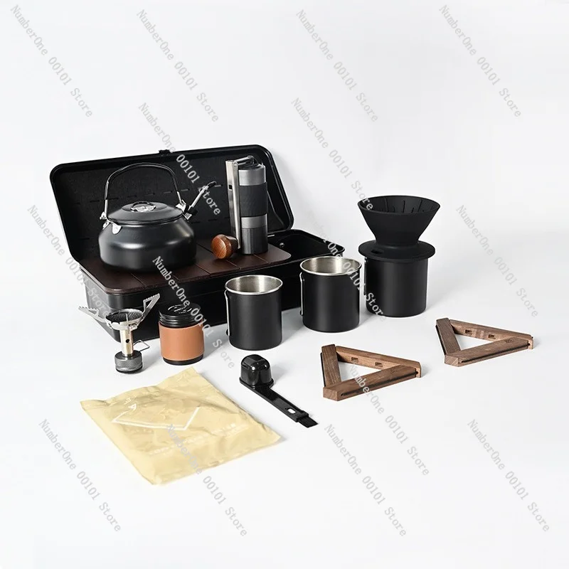 Outdoor Camping Hand‑Brew Coffee Kit, Portable Coffee Grinder Pot Filter Cup Combo with Iron Storage Box