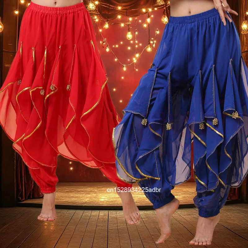

8 Color Long Chiffon Belly Dance Harem Pants Tribal Arabic Halloween Pants With Gold Trim Women Dancing Pants Trim Hip Scarf