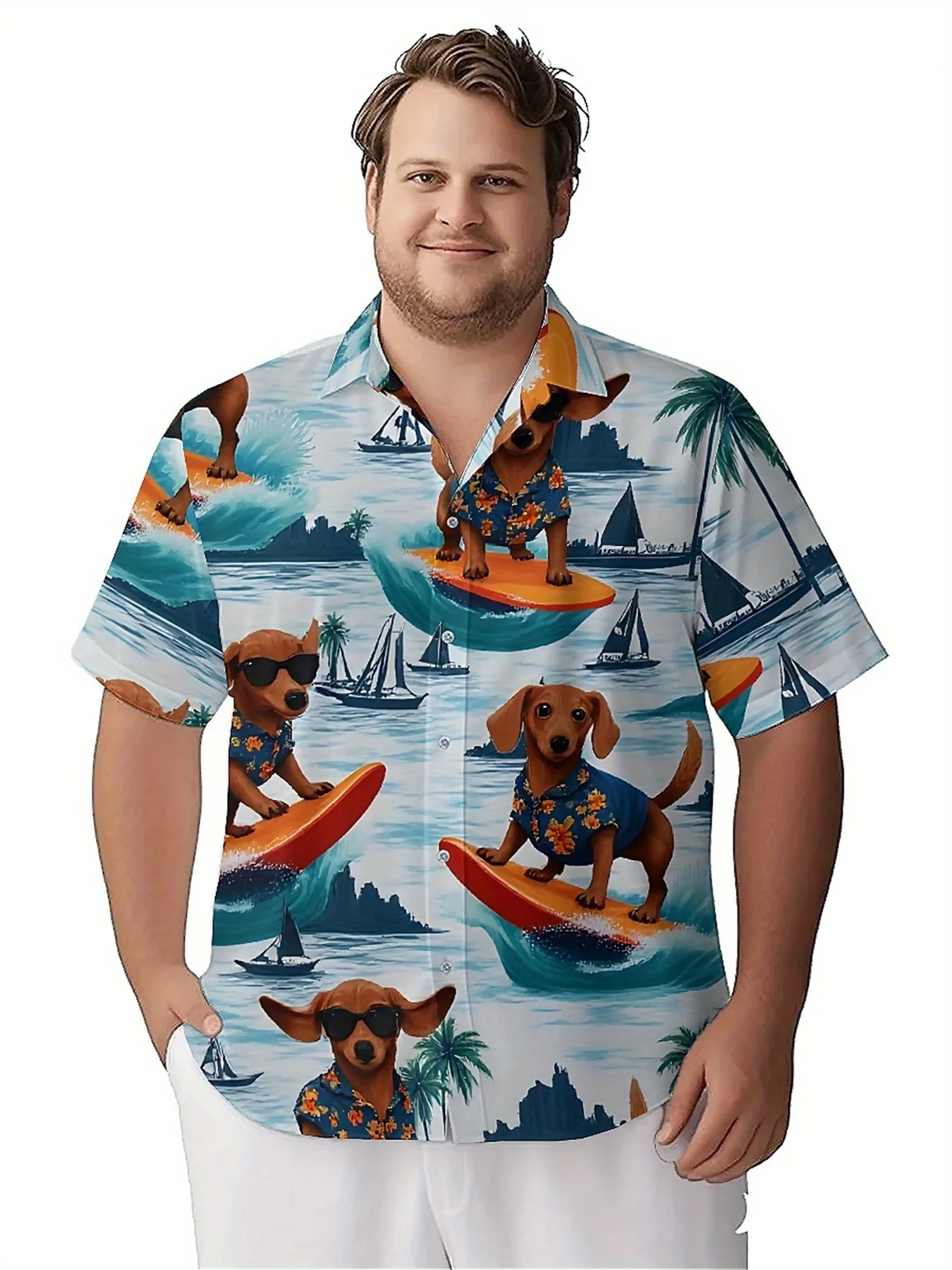 Men's Plus Size Hawaiian Shirts Tropical Surfing Dogs Pattern, Button Up Shirts, Unisex Casual Clothing, Summer Tops