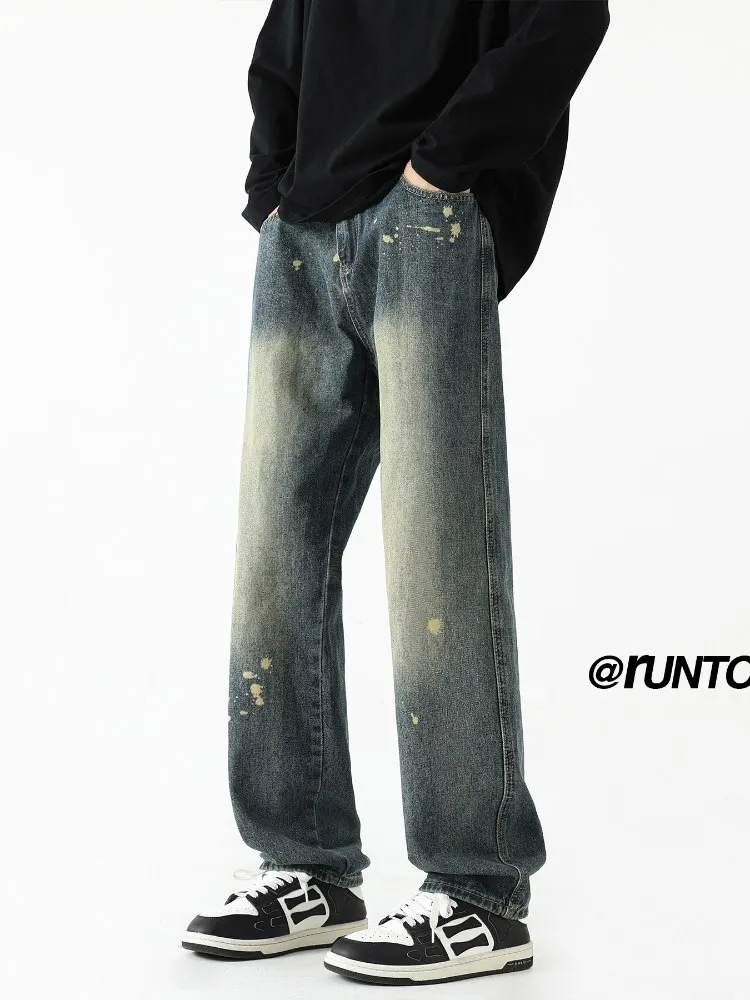 

Waed Wide Leg Men's Jeans Straight Cut Loose Fit High Street American Sle Spring Autumn Wearable Faded Denim Pants