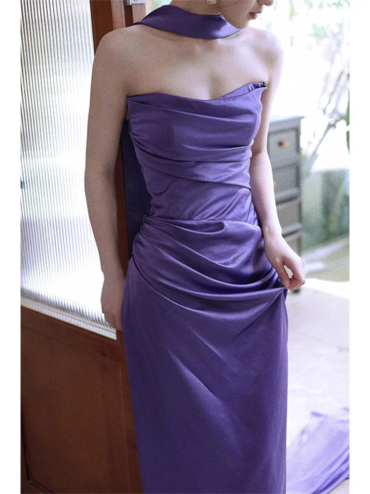 

Purple Satin Engagement Dr Korean Sle mid Waist Long Gown with Zipper for Wedding Par Performance Small Batch Design