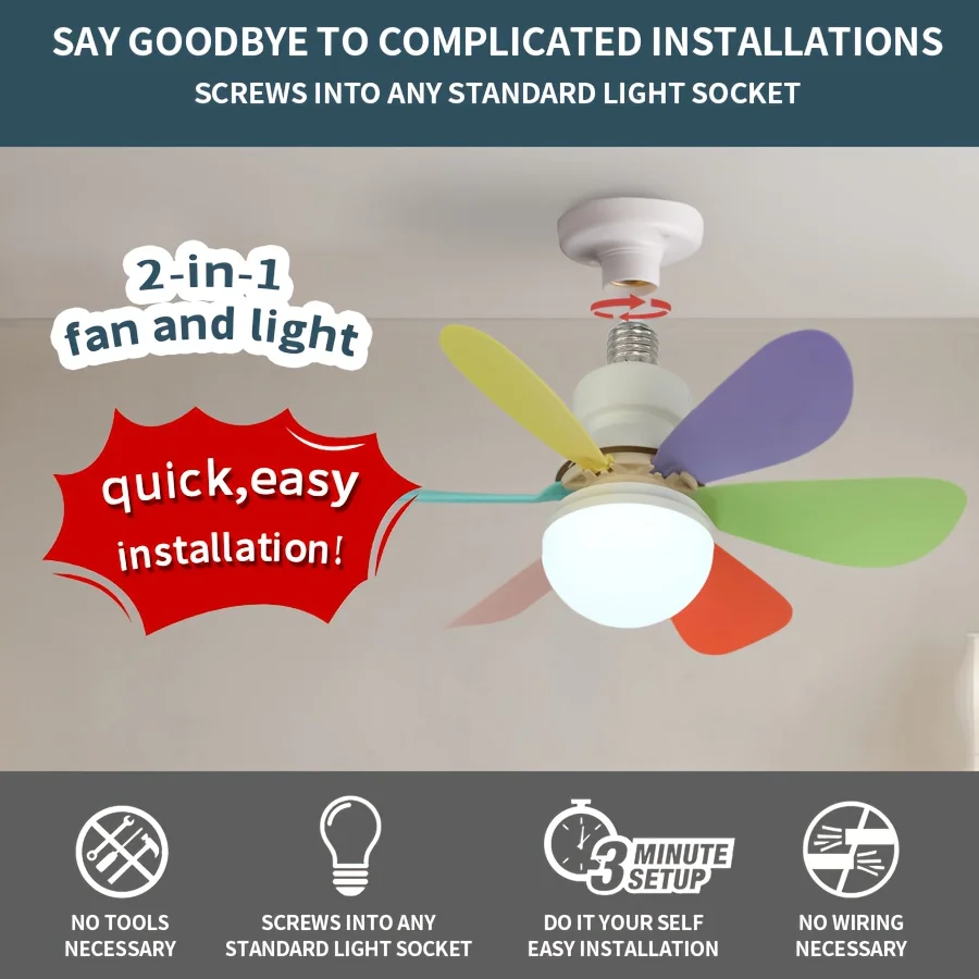 

E26/E27 Noiseless Ceiling Fan Socket Fan Ceiling Fan with Light and Remote Control Dimmable for Bedrooms Kitchens Living Rooms