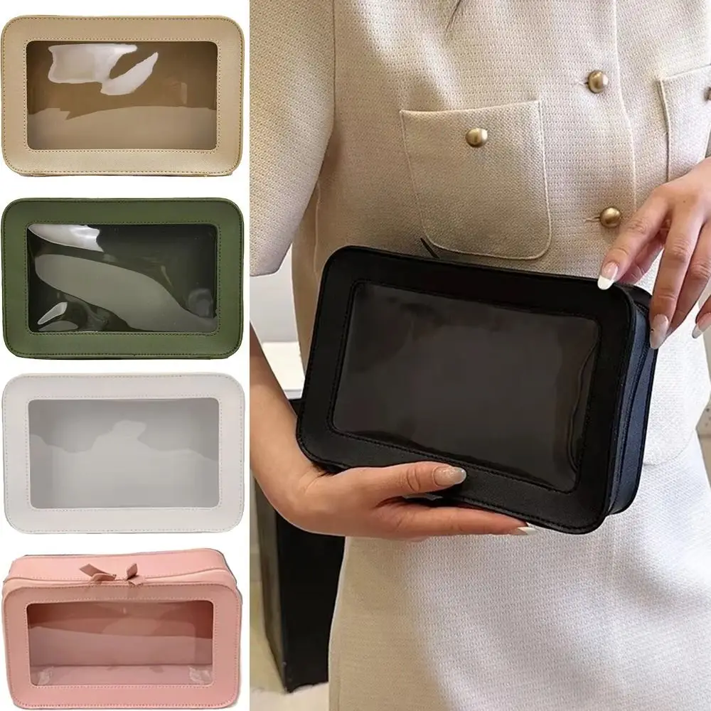 

Large Capacity Travel Cosmetic Bag Dual Zipper Closure Square Portable Makeup Pouch Transparent Window Easy Carry-On