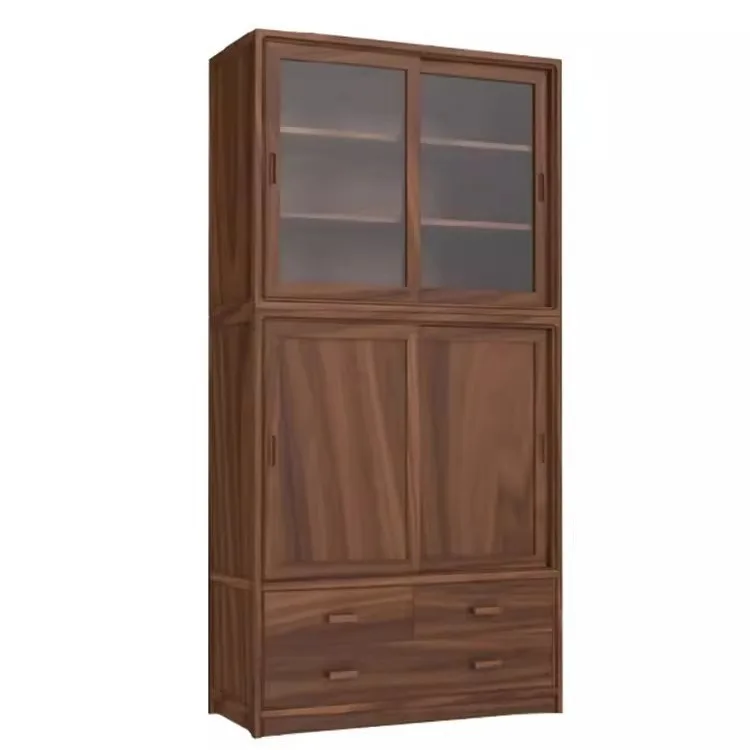 Retro all solid wood dining side cabinet, black walnut bookcase, modern simple cherry wood sliding door cabinet