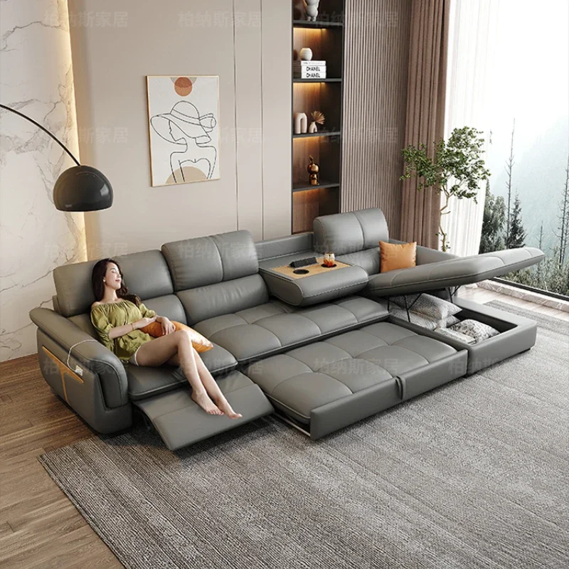 Dual Use Foldable Sofa Bed Luxury L Shape Genuine Leather Italian Sofas Recliner Storage Divano Letto Living Room Furniture