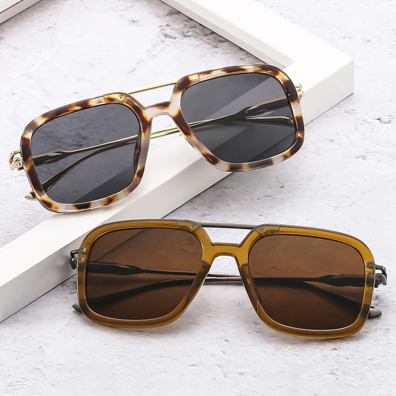 SO&EI Retro Double Bridges Square Men Sunglasses Shades UV400 Fashion Gradient Women Sun Glasses