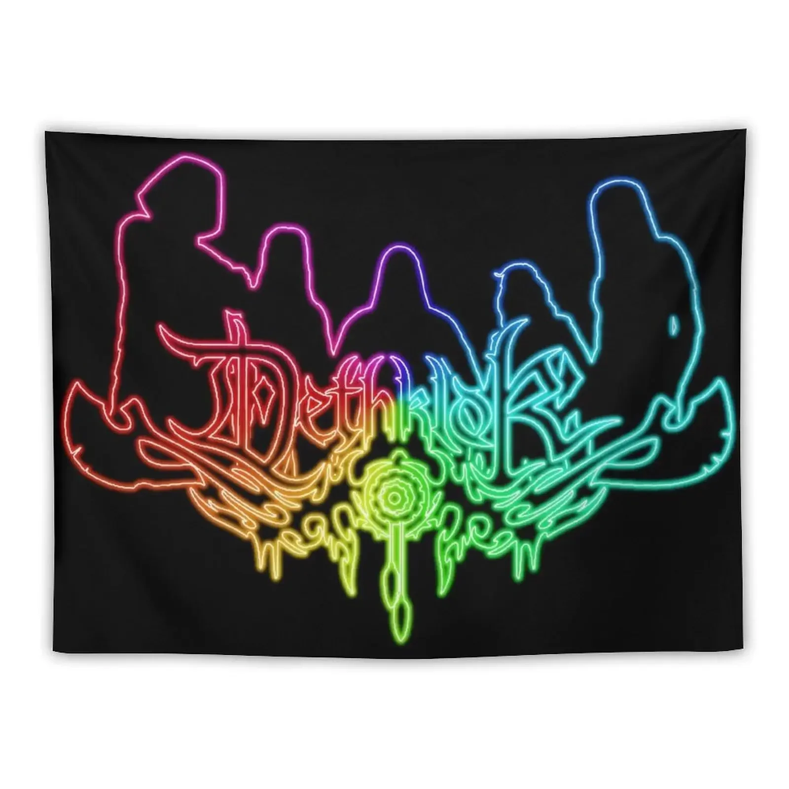 

Rainbow Neon Sign Dethklok Logo with Band Member Silhouette on Black Tapestry Tapete For The Wall Tapestry