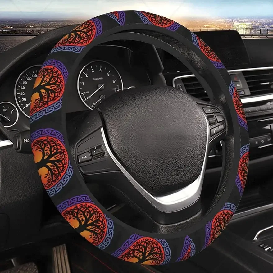 Viking Yggdrasil World Tree Life Ravens Car Steering Wheel Cover Universal 15 Inch Neoprene Interior Decor Auto Accessories