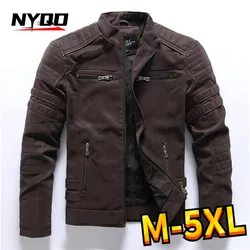 Winter Leather Jacket Men Fleece Warm Causal Motorcycle Embroidery PU Coats Multi-pocket Vintage Outwear Male Autumn Windbreaker