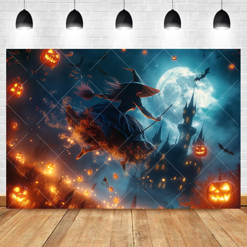 Witch Halloween Photography Background Custom Castle Church Burning Stove Night Pumpkin Light Family Party Decor Backdrop Banner