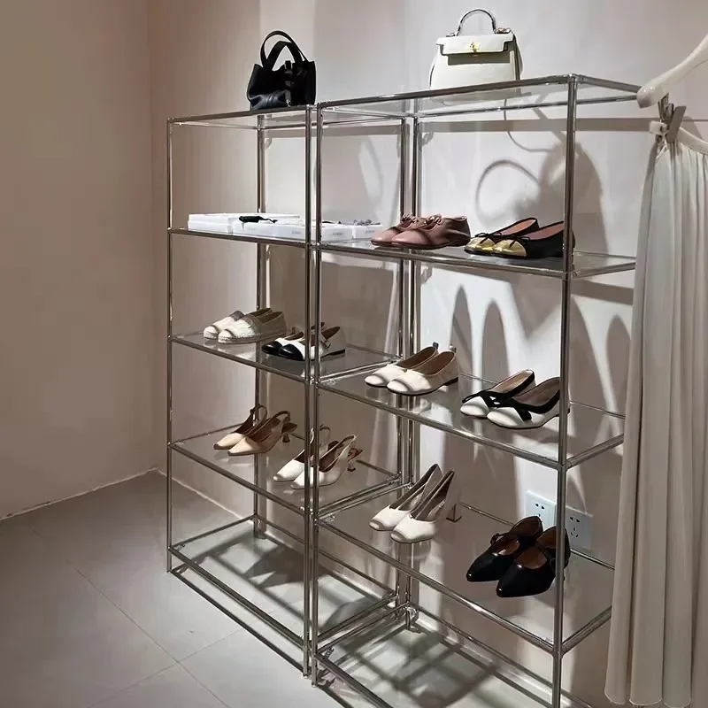 Medieval stainless steel shelf storage rack light luxury bookshelf multi-layer wall floor-to-ceiling glass shoe bag display