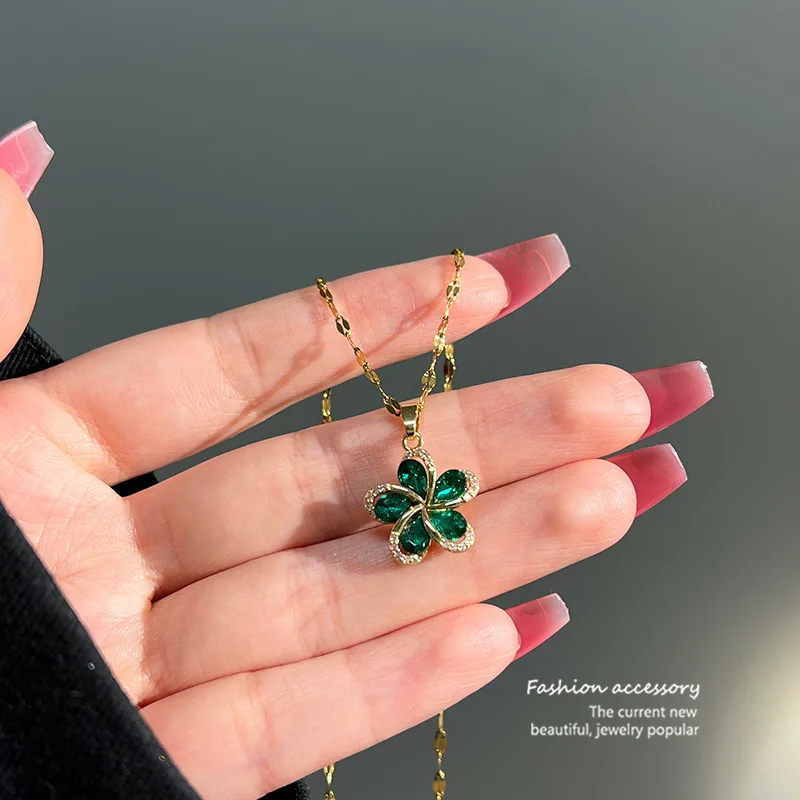 Stainless Steel Green Zircon Flowers Pendant Necklace For Women New Luxury Girls Lucky Chain Birthday Jewelry Gifts image 4