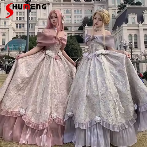 Flower Wedding Dresses Women's Big Bow Slash Neck Slim-Fit Elegant Heavy Industry Lolita Long Dress Sweet Princess Evening Dress