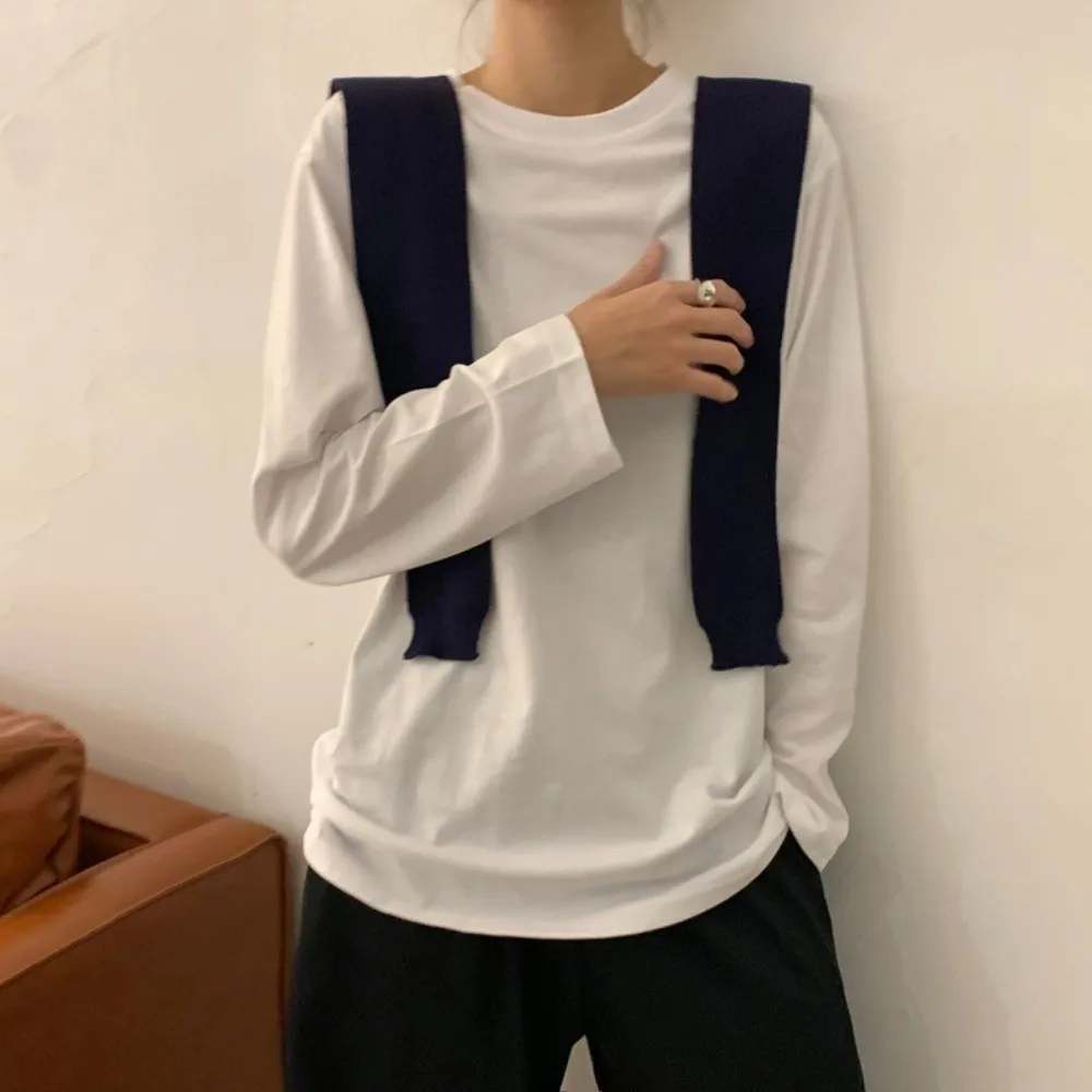 New Round Neck Long Sleeve T-Shirt Solid Color Loose Fit Women's Base Shirt Slight Stretch Crew Neck T-Shirt Autumn Clothing