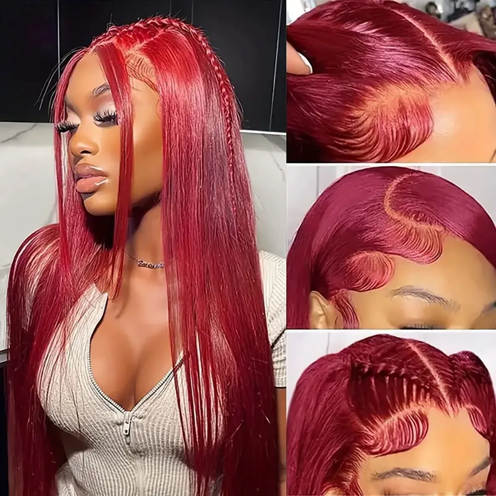 13x4 perucas de renda cabelo humano 200 densidade cabelo humano pré arrancado em linha reta borgonha 99j perucas para mulher