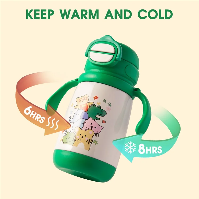 B78B-13 オンス子供用断熱ウォーターボトル、ストロー＆スパウト蓋、ショルダーストラップとハンドル付き、316ステンレス鋼素材