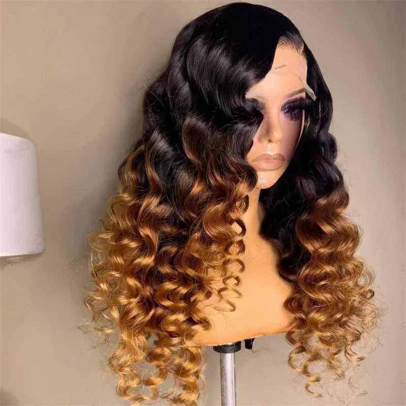 Natural Hairline Long Ombre Blonde Deep Wave Preplucked 26“ Glueless 180 Density Curly  Lace Front Wig For Women BabyHair Daily