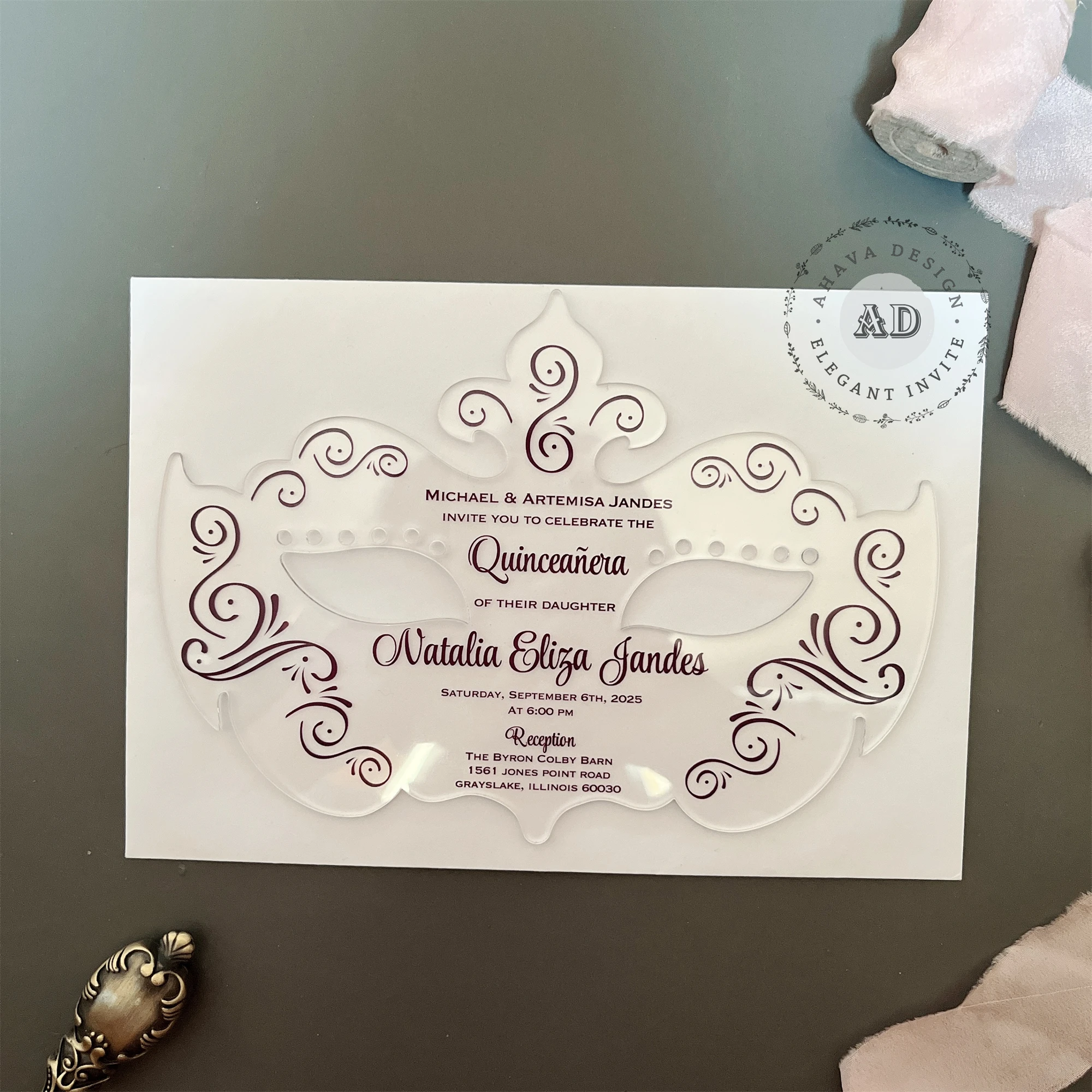 

Masquerade Party Acrylic Invitation, Burgundy Masquerade Acrylic Invites, Mask Style Invitation {Free Preview Available}