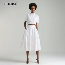 ROMISS Solid Two Piece Sets For Women Lapel Short Sleeve Spliced Pocket Single Breasted Top High Waist Skirt Summer Set Female