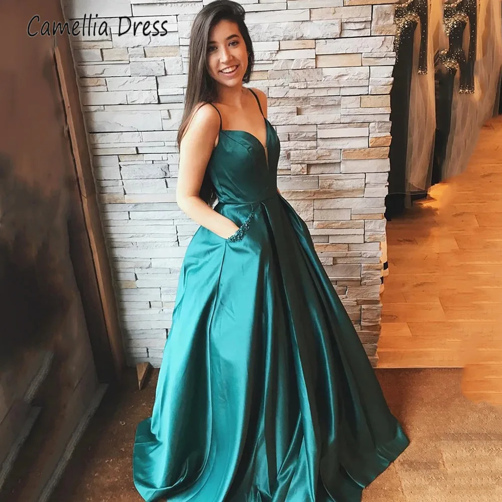 

Faddish Spaghetti Straps Prom Dress Sleeveless A Line Beading Party Gowns Backless V Neck Robe De Soirée فساتين مناسبة رسمية