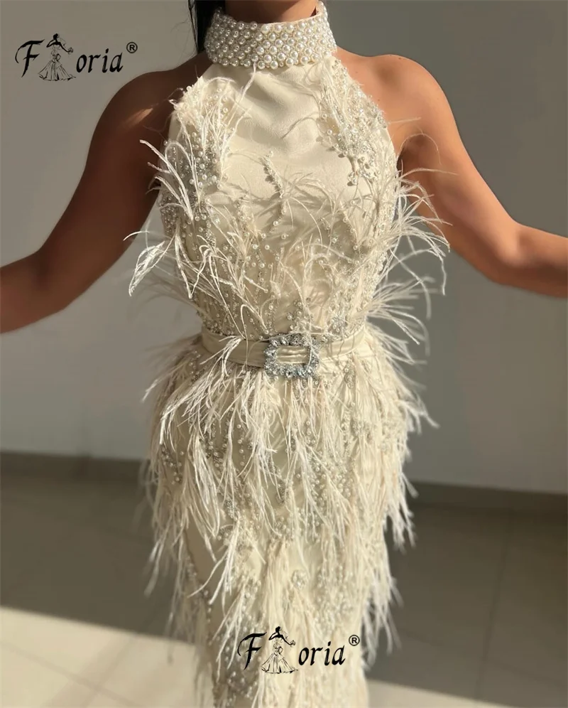 Gorgeous Pearl Feather Mermaid Evening Dresses Ivory High Neck Sleeveless Beaded Prom Dress Floor Length Belt Robe De Soiree