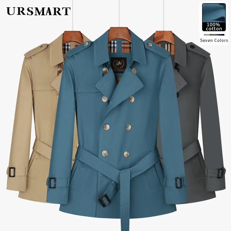 

Men's Short Cotton Trench Coat - British Fashion Double-Breasted with Thickened Down Vest Pure Cotton Windbreaker Jacket