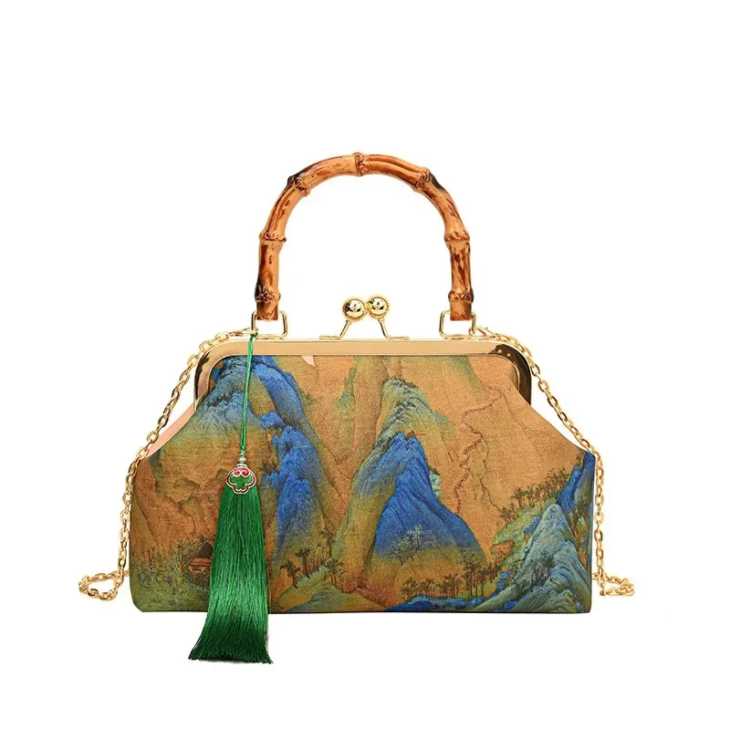 Chinese Style Women's Bamboo Joint Portable Clip Bag Guochao Antique Style Thousand Miles Jiangshan Map Fashion Chain Dinner Bag