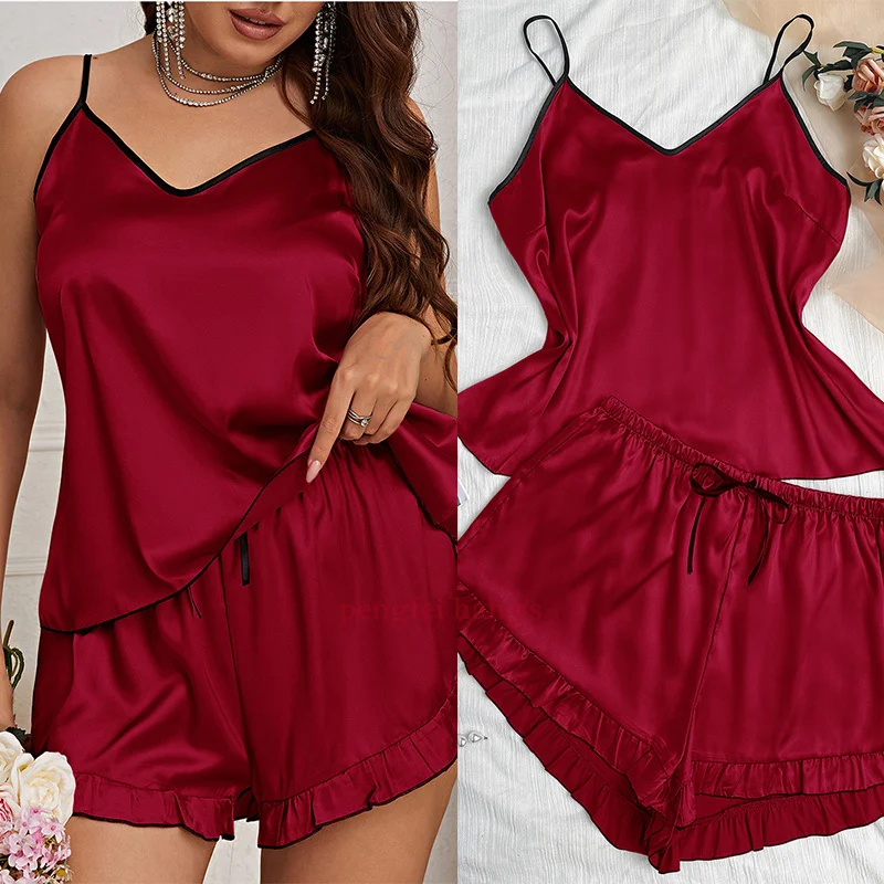 Sexy Women Satin Nightwear Chemise Pajamas Suit New Sleepwear Cami&shorts 2Pcs Pyjamas Lady Summer Night Outfit Big Size 4Xl 5Xl