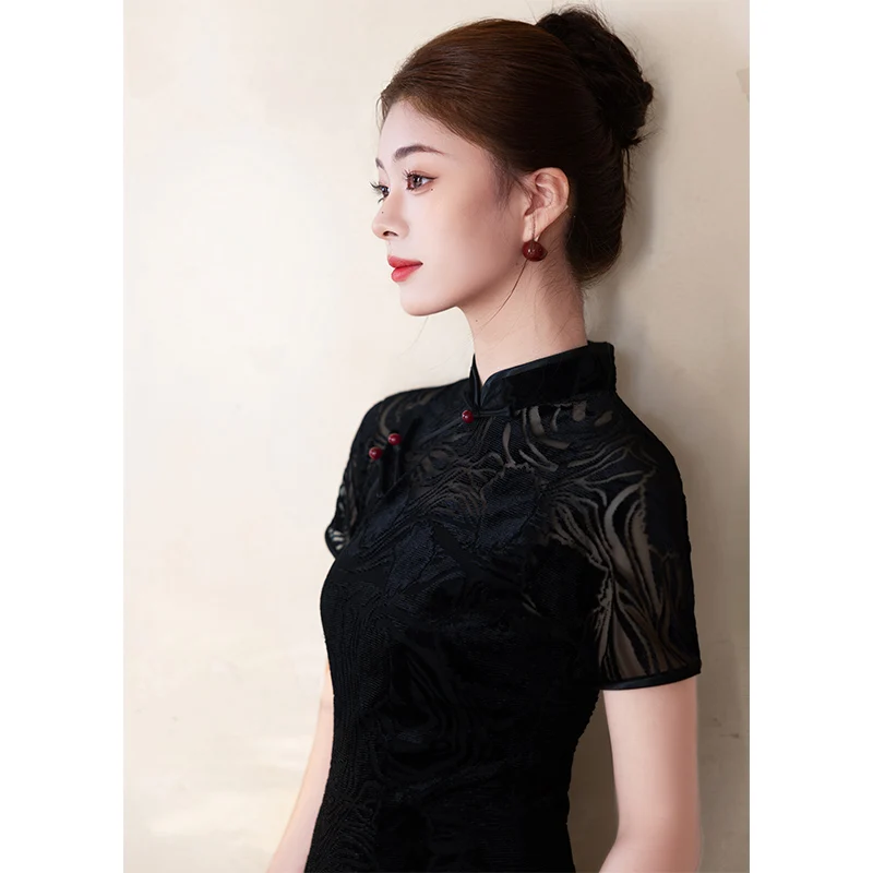 

Элегантное черное кружевное платье Simptic Daily Walk с цветочным узором, длинным разрезом и коротким рукавом, для повседневной носки, подчеркивающее фигуру