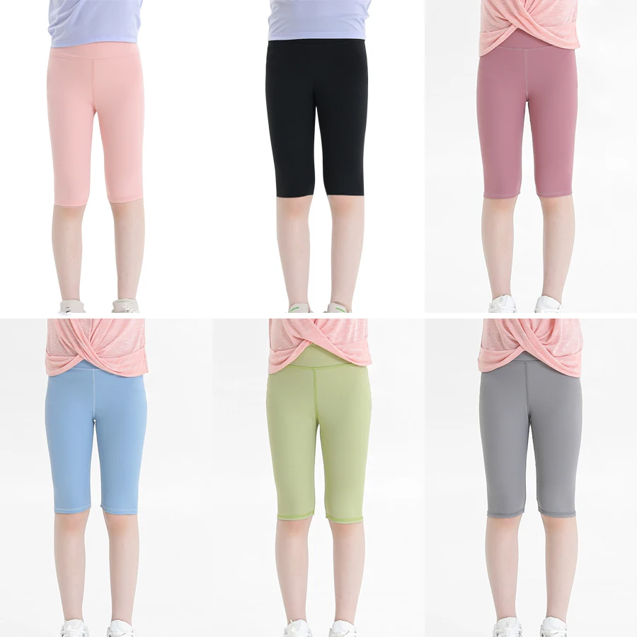 Sheecute Summer High Waist Calf Length Girls Yoga Leggings Kids Athletic Fore Way Stretch Workout Running Pants GYM1618