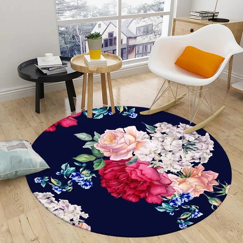 Peony Rose Floral Round Rug – Soft Non-Slip Botanical Carpet for Cozy Bedroom & Living Room Decor