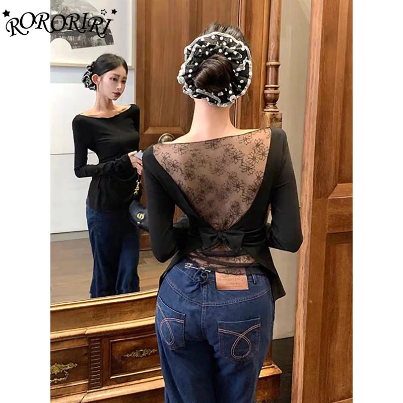 

RORORIRI женская прозрачная кружевная лоскутная футболка с бантом с круглым вырезом винтажная черная тонкая серая футболка с длинными рукавами повседневная осенняя одежда