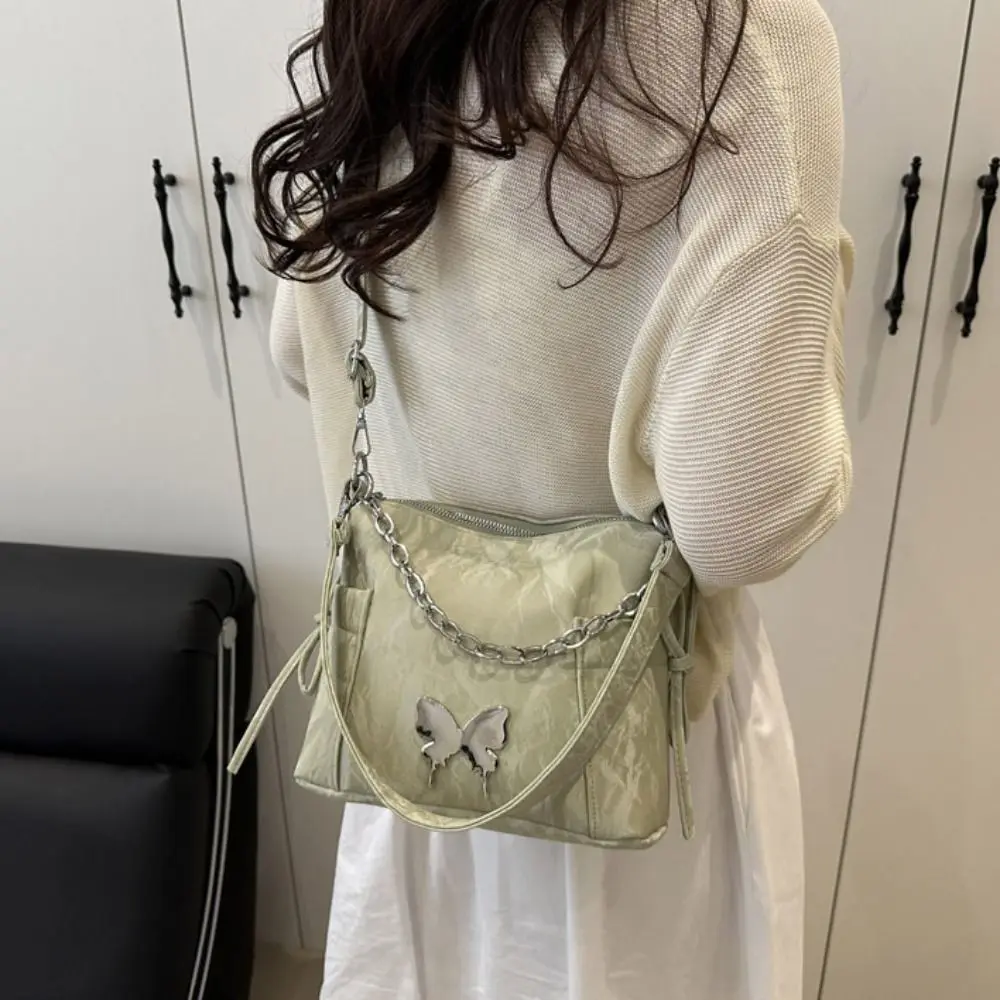 

Декор в виде бабочки, серебряные сумки с бабочками, металлическая цепочка, однотонная сумка на плечо на шнурке, универсальная в корейском стиле