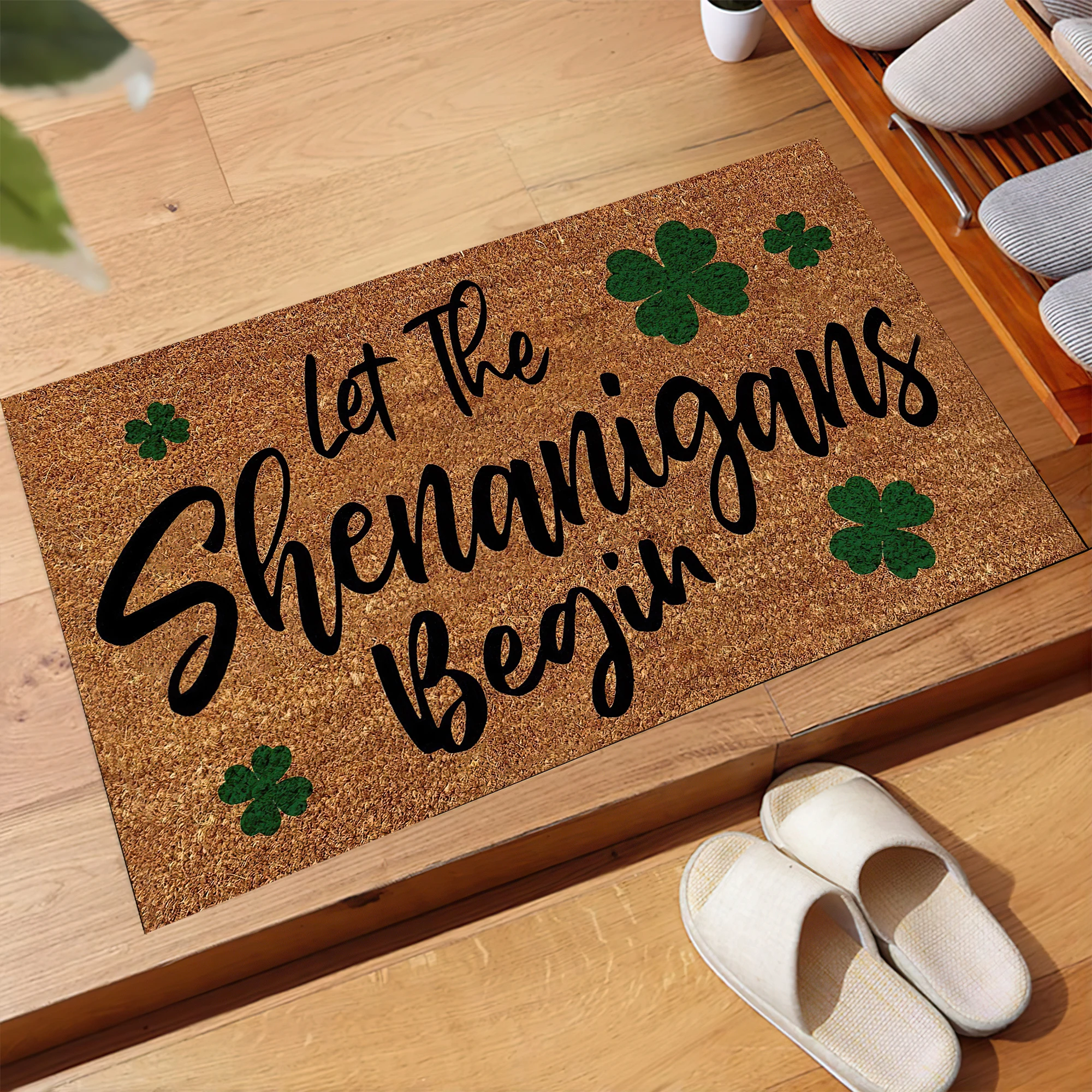 Let The Shenanigans Begin Doormat St.Patrick's Day Weclome Mat Rubber Outdoor Entrance Shamrock Non-Slip Spring Porch Home Decor