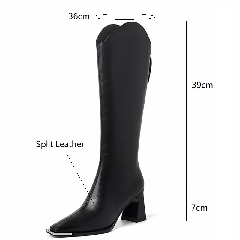 2023 New Winter Knee-High Boots for Women Square Toe Knight Boots Split Leather Women Boots High Heels Concise Boots De Mujer