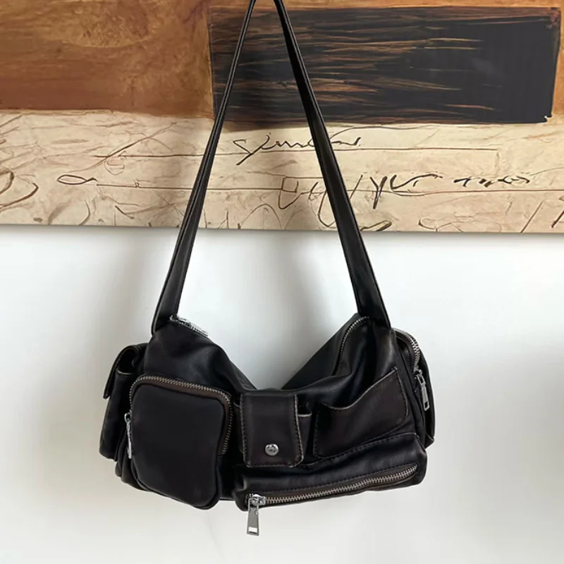 

Сумка в стиле ретро, высококачественная мягкая сумка на плечо большой вместимости для подмышек, модная мотоциклетная сумка на молнии с несколькими карманами