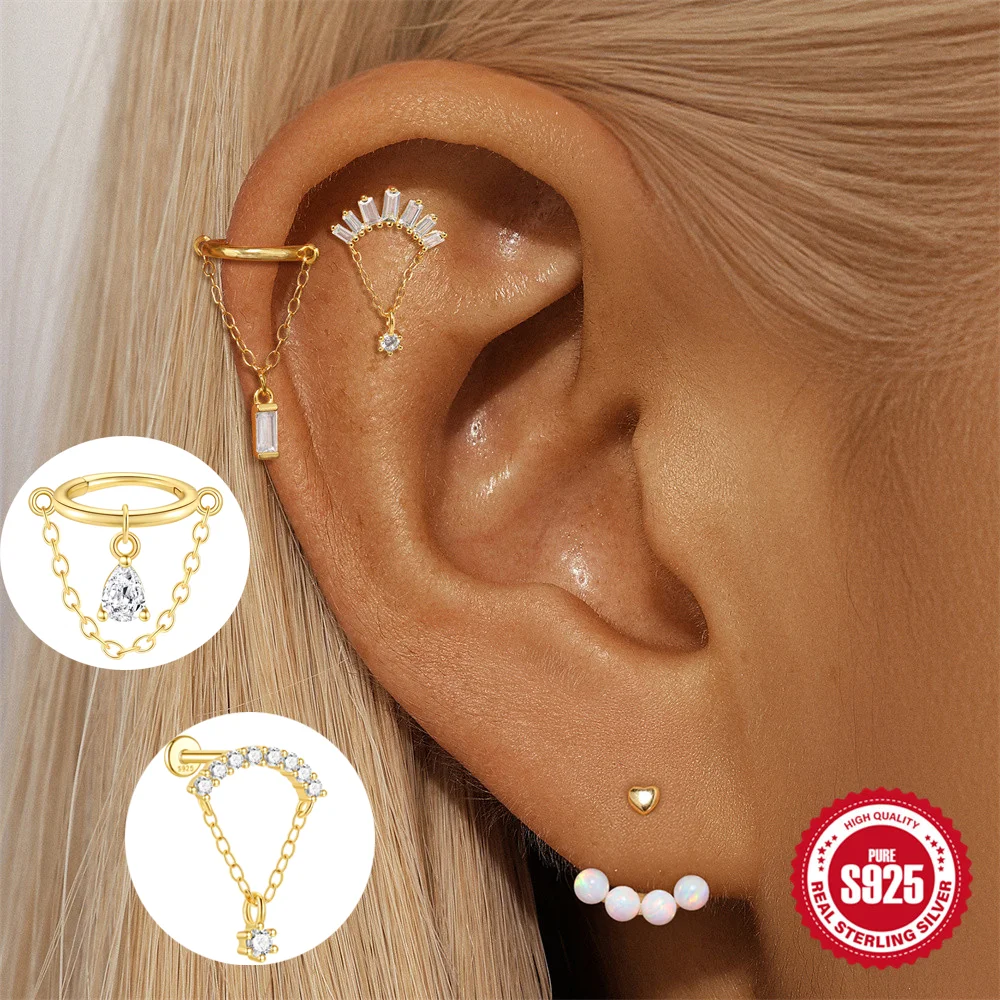 

ROXI 925 Sterling Silver Four Petal Flower/Water Drop Double-layer Tassel Chain For Women Cartilage Piercing Earring Clip