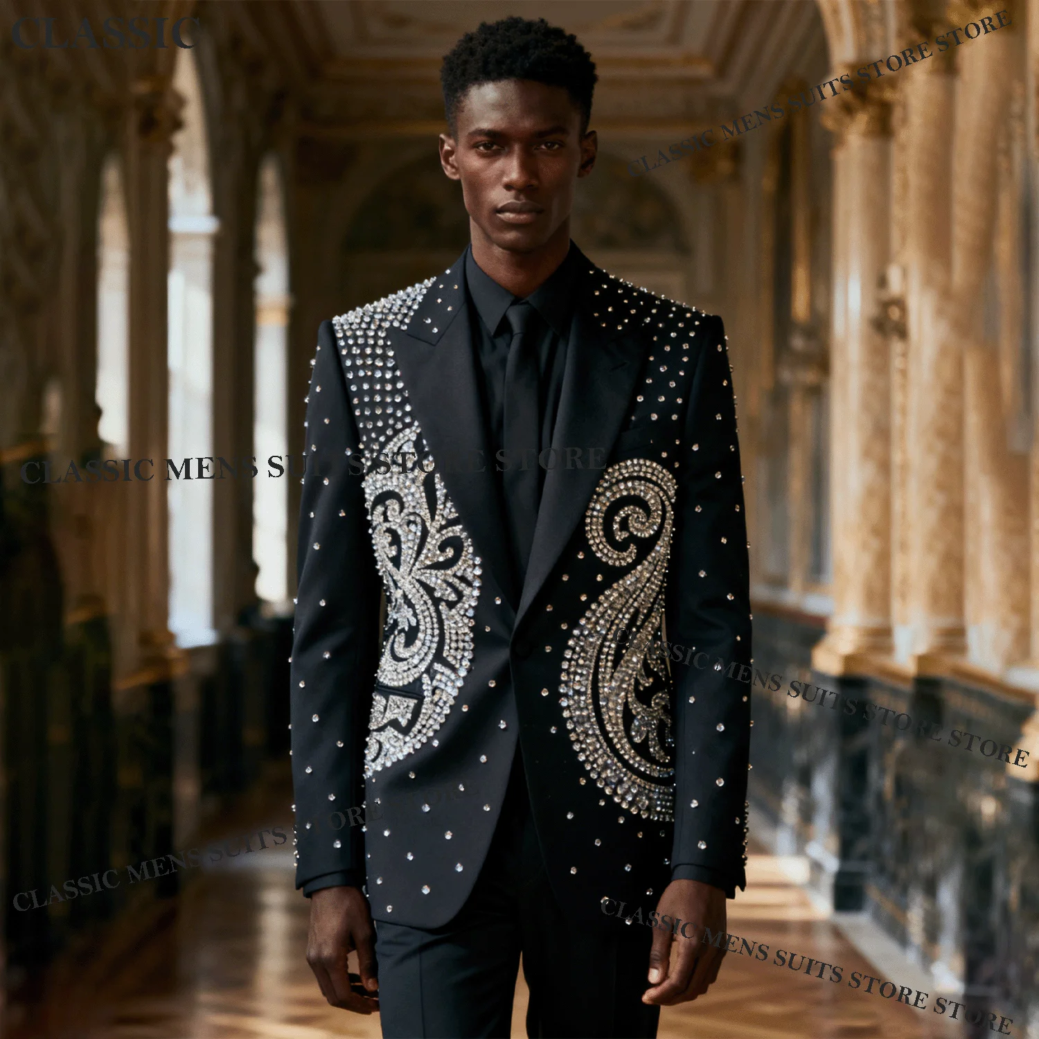 

Customized Metallic Jewelry Ornament Tuxedo Men Suits 2 Piece Glitter Wedding Groom Male Prom Blazer Slim Party Ternos Completo