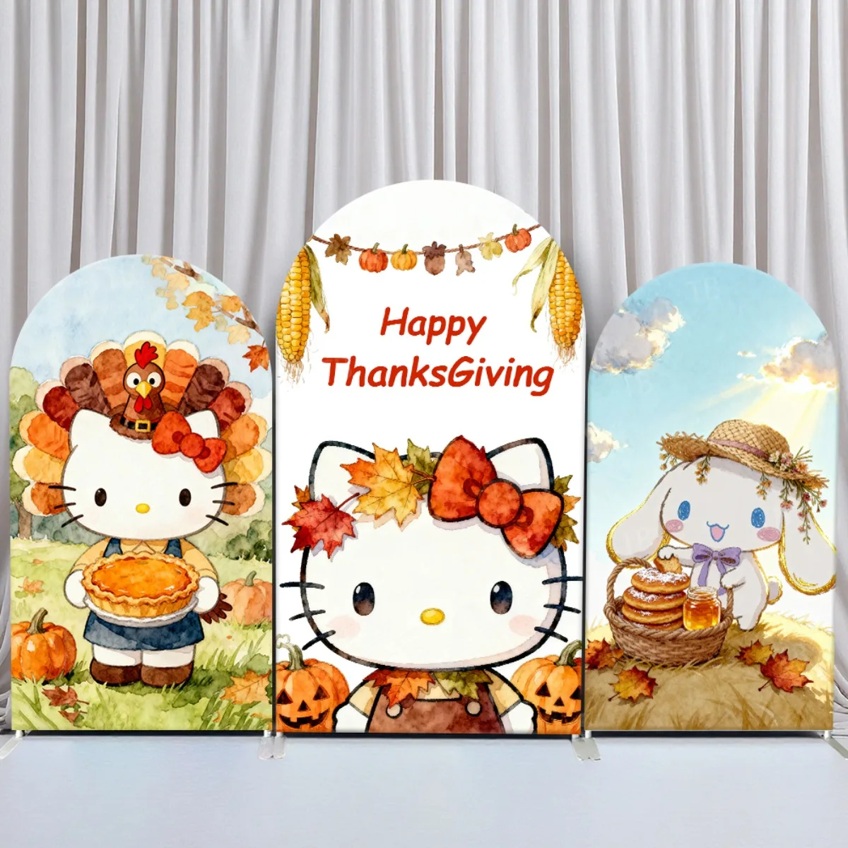 

TB Happy Thanksgiving Sanrio Hello Kitty Autumn Arch Backdrop Cover for Party Birthday Decoration Fabic Spandex Photography