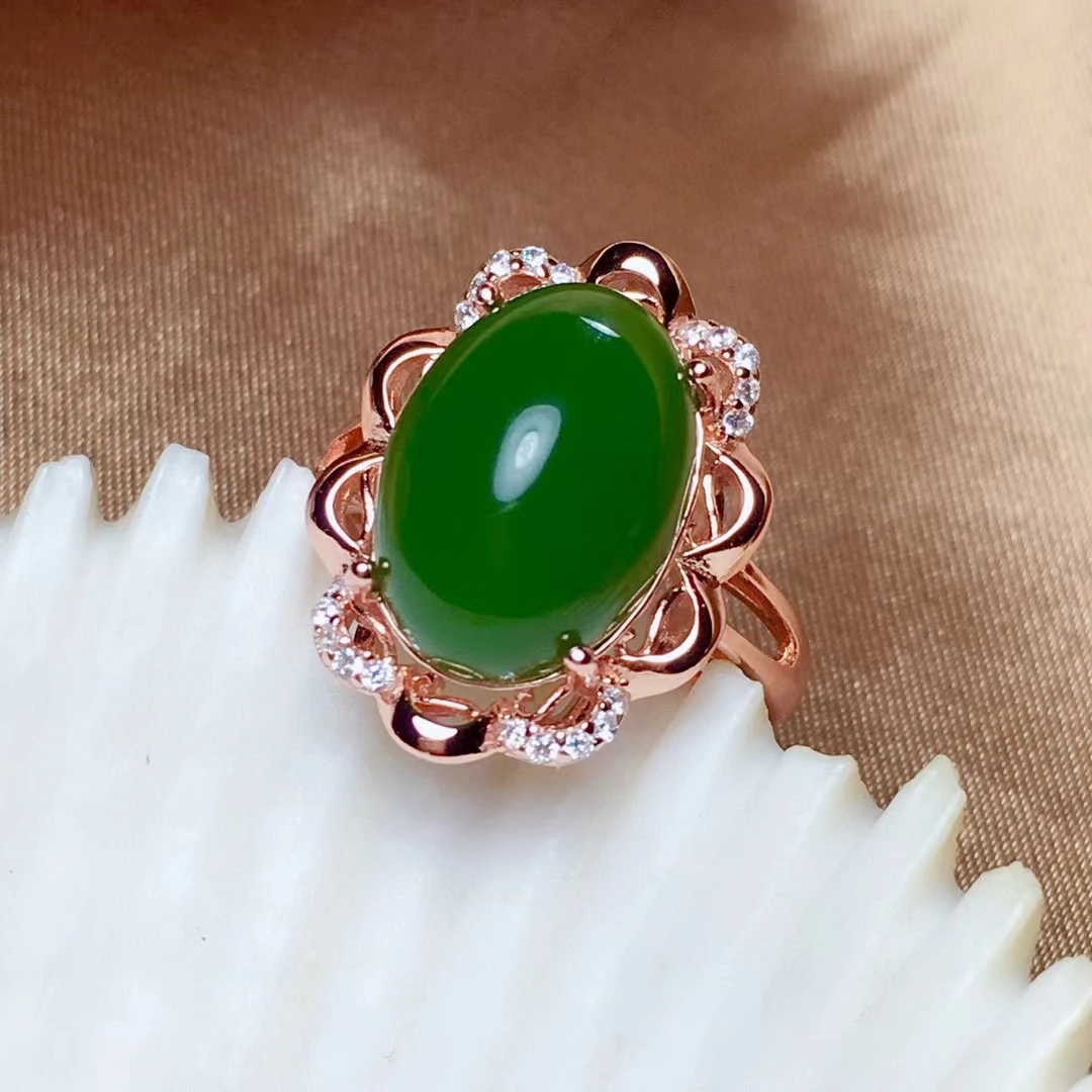 Vintage Green Jade Ring for Party 5ct 10mm*14mm Natural Chinese Jade Ring 925 Silver Jade Jewelry