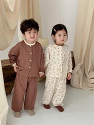 Conjunto de pijama de manga larga para niños y niñas, 2024 algodón, Top y pantalones de 2 piezas, ropa para el hogar, Otoño, Corea